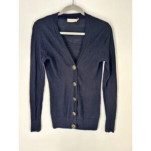 Tory Burch Y2K‎ Navy Cardigan XS Gold Logo Buttons Preppy Old Money Luxury 2000s
